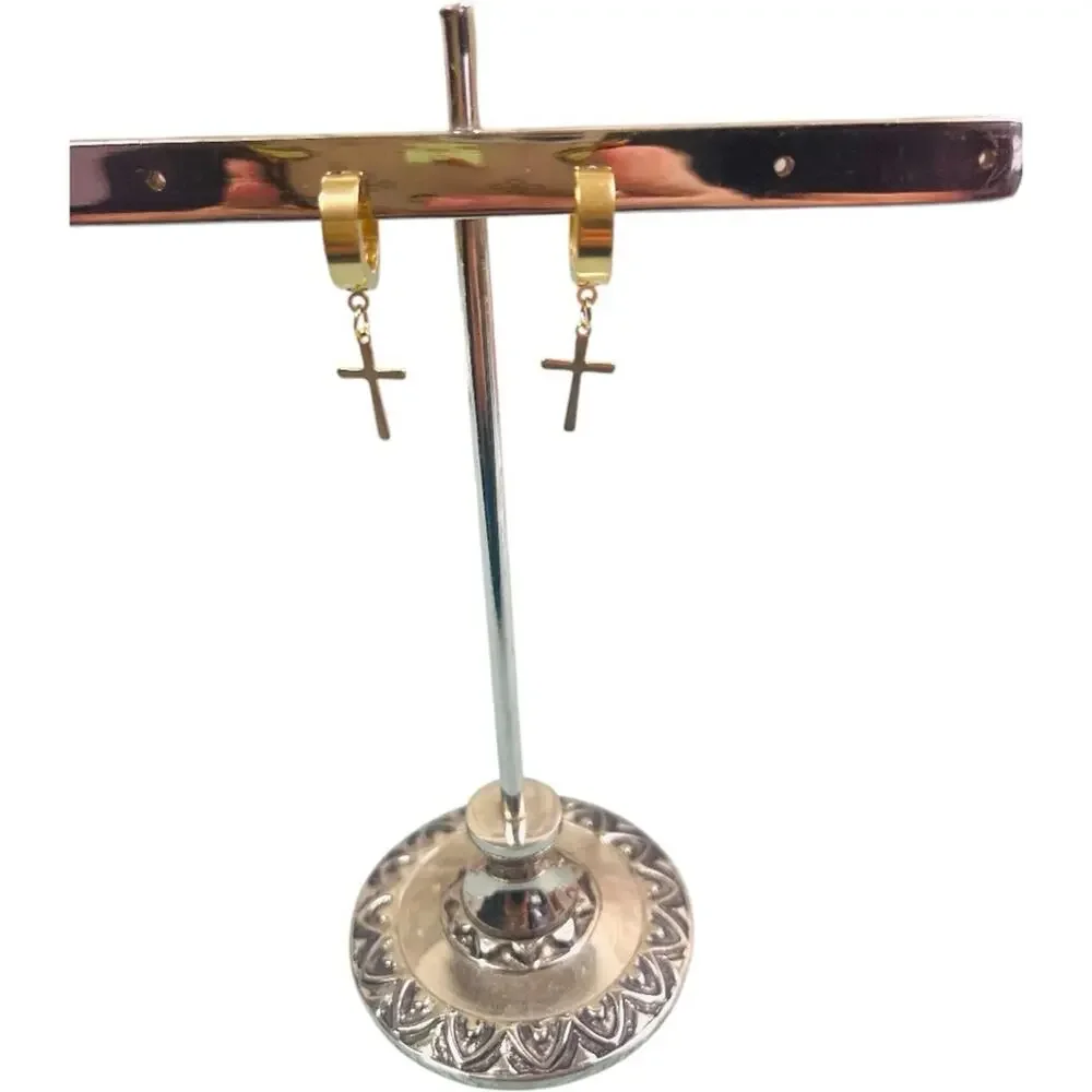 Gold Plated Hoop Earrings with Cross Charm